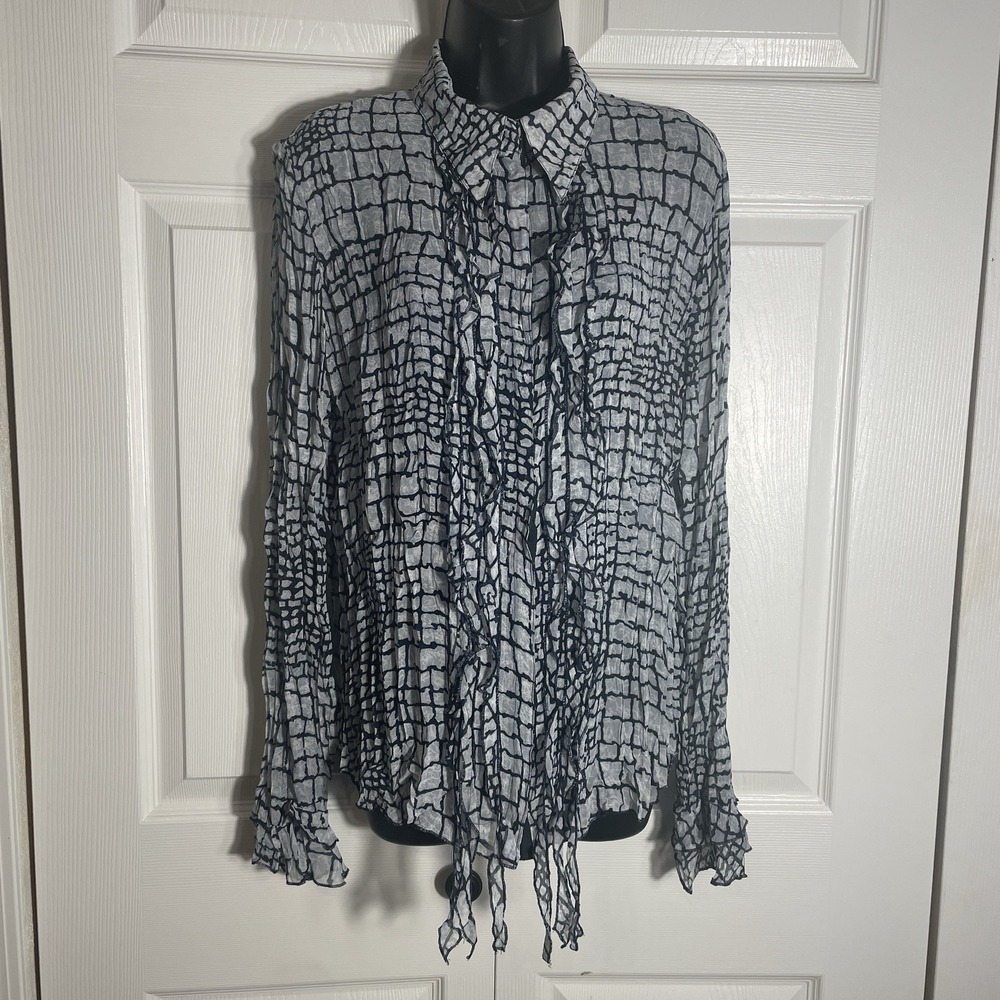 Le Caviar Shirt Women‎ XL Gray Black Geometric Crinkle Ruffle Long Sleeve Blouse